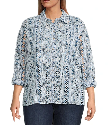 John Mark Plus Size Allover Embroidered Eyelet Printed Point Collar Long Roll-Tab Sleeve Button-Front Tunic