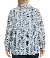 John Mark Plus Size Allover Embroidered Eyelet Printed Point Collar Long Roll-Tab Sleeve Button-Front Tunic