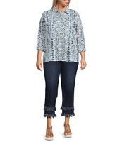 John Mark Plus Size Allover Embroidered Eyelet Printed Point Collar Long Roll-Tab Sleeve Button-Front Tunic