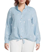 John Mark Plus Size Allover Embroidered Stars Wire Collar Long Roll-Tab Sleeve Button Front Tie Blouse