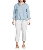 John Mark Plus Size Allover Embroidered Stars Wire Collar Long Roll-Tab Sleeve Button Front Tie Blouse
