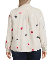 John Mark Plus Size Allover Embroidered Stars Wire Collar Long Roll-Tab Sleeve Button Front Tie Blouse