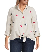 John Mark Plus Size Allover Embroidered Stars Wire Collar Long Roll-Tab Sleeve Button Front Tie Blouse