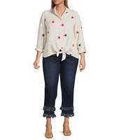 John Mark Plus Size Allover Embroidered Stars Wire Collar Long Roll-Tab Sleeve Button Front Tie Blouse