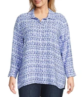 John Mark Plus Size Allover Ikat Print Point Collar 3/4 Sleeve Hi-Low Hem Button-Front Shirt