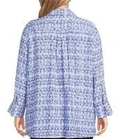 John Mark Plus Size Allover Ikat Print Point Collar 3/4 Sleeve Hi-Low Hem Button-Front Shirt