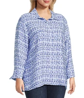 John Mark Plus Size Allover Ikat Print Point Collar 3/4 Sleeve Hi-Low Hem Button-Front Shirt