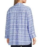 John Mark Plus Size Allover Ikat Print Point Collar 3/4 Sleeve Hi-Low Hem Button-Front Shirt