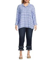 John Mark Plus Size Allover Ikat Print Point Collar 3/4 Sleeve Hi-Low Hem Button-Front Shirt