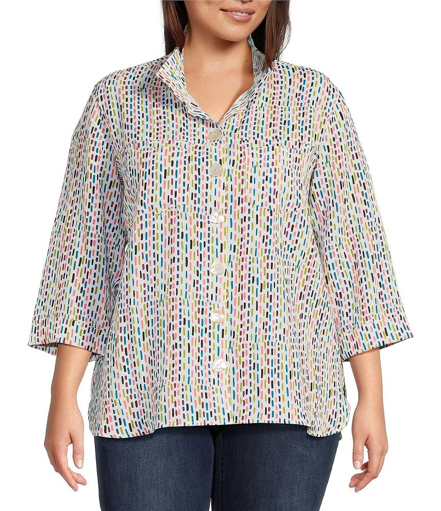 John Mark Plus Size Allover Multi Dot Print Wire Neck 3/4 Sleeve Button Front Camp Shirt