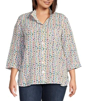 John Mark Plus Size Allover Multi Dot Print Wire Neck 3/4 Sleeve Button Front Camp Shirt