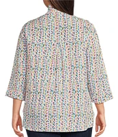 John Mark Plus Size Allover Multi Dot Print Wire Neck 3/4 Sleeve Button Front Camp Shirt