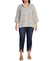 John Mark Plus Size Allover Multi Dot Print Wire Neck 3/4 Sleeve Button Front Camp Shirt