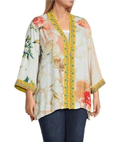 John Mark Plus Size Embroidered 3/4 Sleeve Floral Abstract Kimono