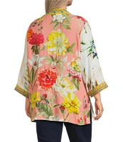 John Mark Plus Size Embroidered 3/4 Sleeve Floral Abstract Kimono