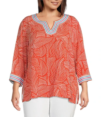 John Mark Plus Size Embroidered Allover Tropical Leaf Print Split V-Neck 3/4 Sleeve Tunic