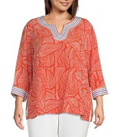 John Mark Plus Size Embroidered Allover Tropical Leaf Print Split V-Neck 3/4 Sleeve Tunic