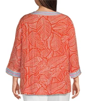 John Mark Plus Size Embroidered Allover Tropical Leaf Print Split V-Neck 3/4 Sleeve Tunic