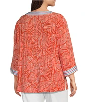 John Mark Plus Size Embroidered Allover Tropical Leaf Print Split V-Neck 3/4 Sleeve Tunic