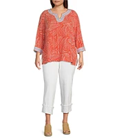 John Mark Plus Size Embroidered Allover Tropical Leaf Print Split V-Neck 3/4 Sleeve Tunic
