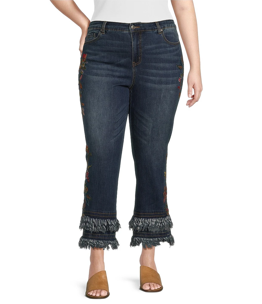 John Mark Plus Size Embroidered Double Tiered Fringe Hem Ankle Jeans