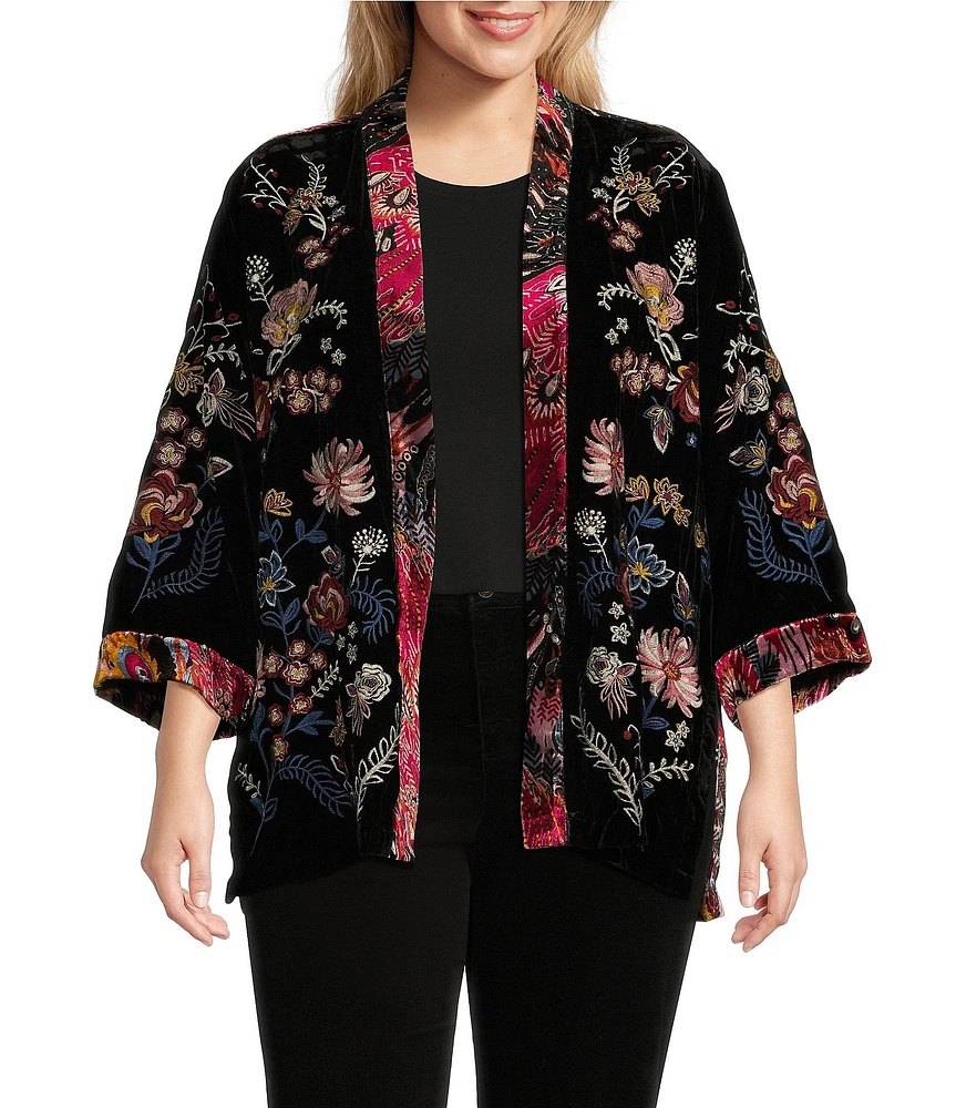 John Mark Plus Size Embroidered Floral Burnout Velvet 3/4 Sleeve Open-Front Kimono