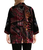 John Mark Plus Size Embroidered Floral Burnout Velvet 3/4 Sleeve Open-Front Kimono