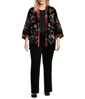 John Mark Plus Size Embroidered Floral Burnout Velvet 3/4 Sleeve Open-Front Kimono