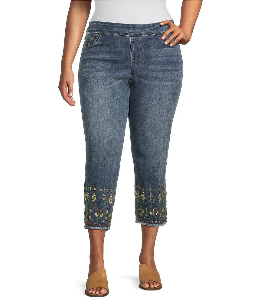John Mark Plus Size Embroidered Floral Frayed Hem Straight Leg Jeans
