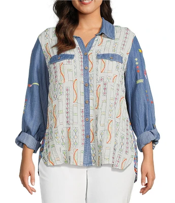 John Mark Plus Size Embroidered Floral Printed Point Collar Long Roll-Tab Sleeve Button Front Top