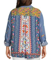 John Mark Plus Size Embroidered Floral Printed Point Collar Long Roll-Tab Sleeve Button Front Top