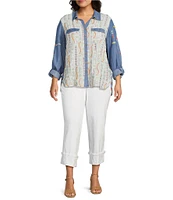 John Mark Plus Size Embroidered Floral Printed Point Collar Long Roll-Tab Sleeve Button Front Top