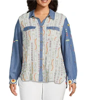 John Mark Plus Size Embroidered Floral Printed Point Collar Long Roll-Tab Sleeve Button Front Top