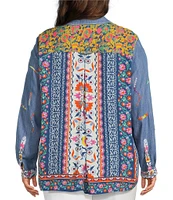 John Mark Plus Size Embroidered Floral Printed Point Collar Long Roll-Tab Sleeve Button Front Top