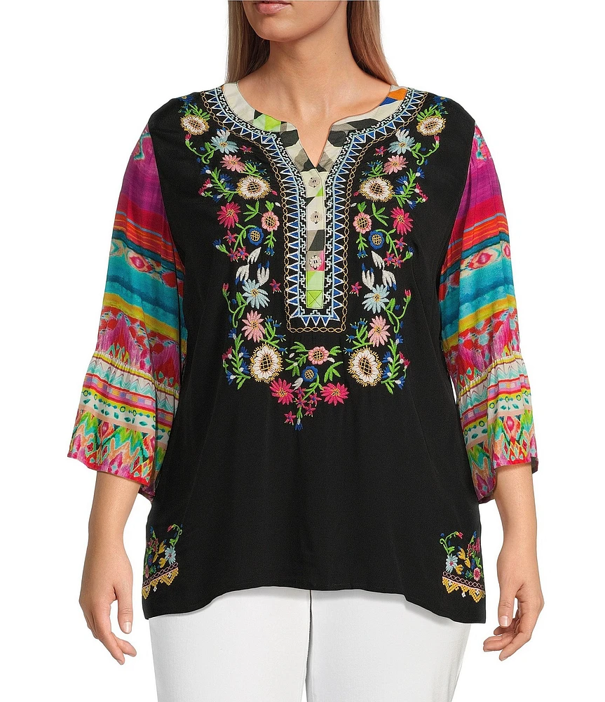 John Mark Plus Size Embroidered Floral Y-Neck 3/4 Sleeve Tunic