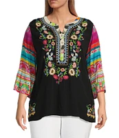 John Mark Plus Size Embroidered Floral Y-Neck 3/4 Sleeve Tunic