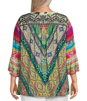 John Mark Plus Size Embroidered Floral Y-Neck 3/4 Sleeve Tunic