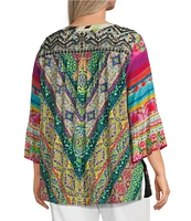 John Mark Plus Size Embroidered Floral Y-Neck 3/4 Sleeve Tunic