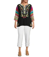John Mark Plus Size Embroidered Floral Y-Neck 3/4 Sleeve Tunic