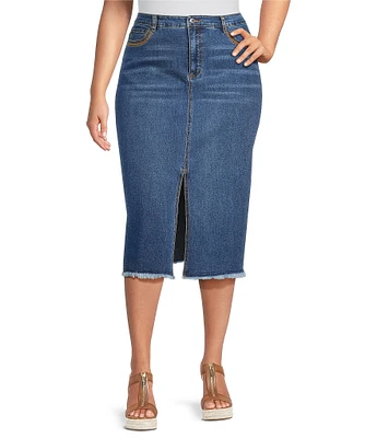 John Mark Plus Size Embroidered Front Slit Midi Denim Skirt