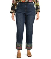 John Mark Plus Size Embroidered Hem Straight Leg Jeans