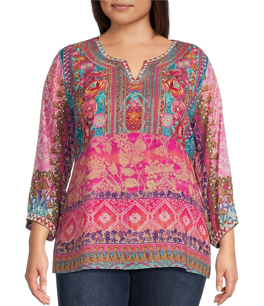 John Mark Plus Size Embroidered Mix Print Split V-Neck 3/4 Sleeve Hi-Low Hem Woven Tunic