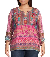 John Mark Plus Size Embroidered Mix Print Split V-Neck 3/4 Sleeve Hi-Low Hem Woven Tunic