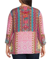 John Mark Plus Size Embroidered Mix Print Split V-Neck 3/4 Sleeve Hi-Low Hem Woven Tunic