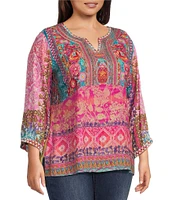 John Mark Plus Size Embroidered Mix Print Split V-Neck 3/4 Sleeve Hi-Low Hem Woven Tunic