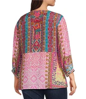 John Mark Plus Size Embroidered Mix Print Split V-Neck 3/4 Sleeve Hi-Low Hem Woven Tunic