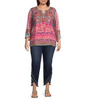 John Mark Plus Size Embroidered Mix Print Split V-Neck 3/4 Sleeve Hi-Low Hem Woven Tunic