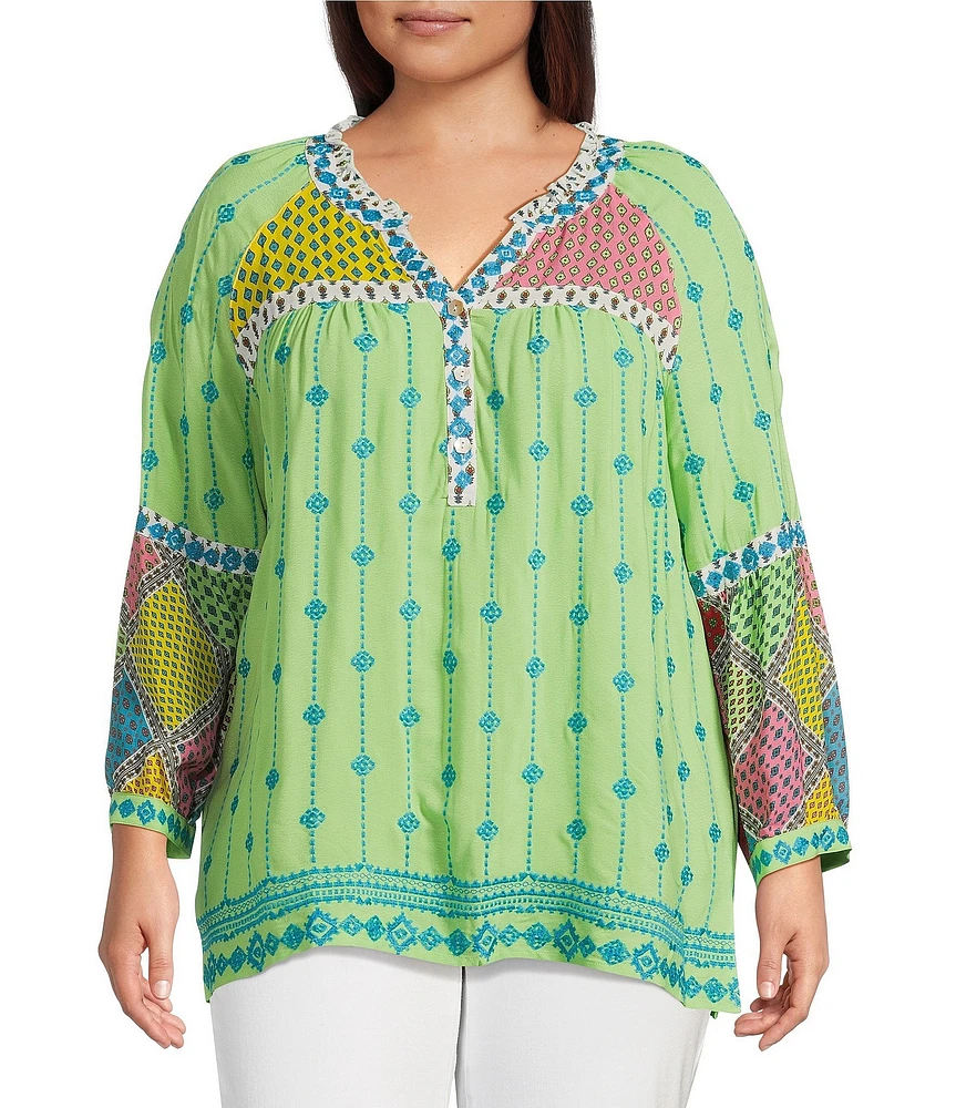 John Mark Plus Size Embroidered Mix Print Split V-Neck Long Raglan Sleeve Tunic