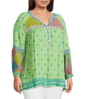 John Mark Plus Size Embroidered Mix Print Split V-Neck Long Raglan Sleeve Tunic