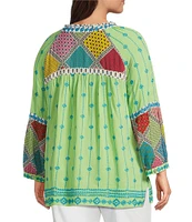 John Mark Plus Size Embroidered Mix Print Split V-Neck Long Raglan Sleeve Tunic